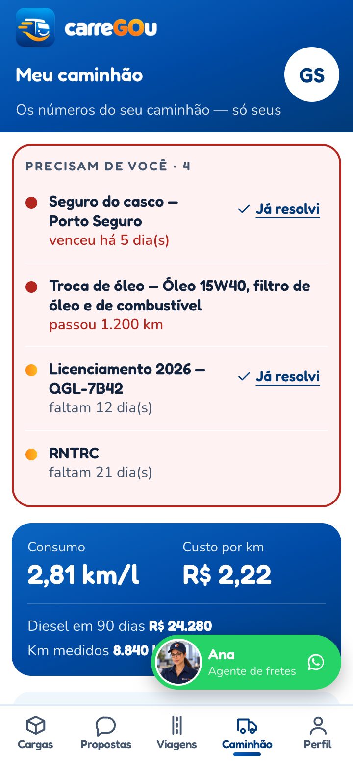 Tela Meu caminhão com vencimentos, consumo e custo por quilômetro