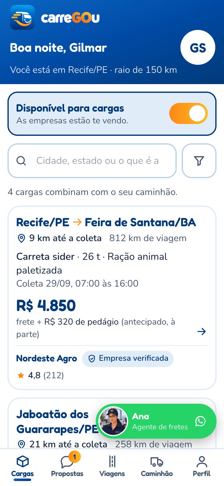 Tela de cargas do CarreGOu: rota, peso, mercadoria e valor do frete